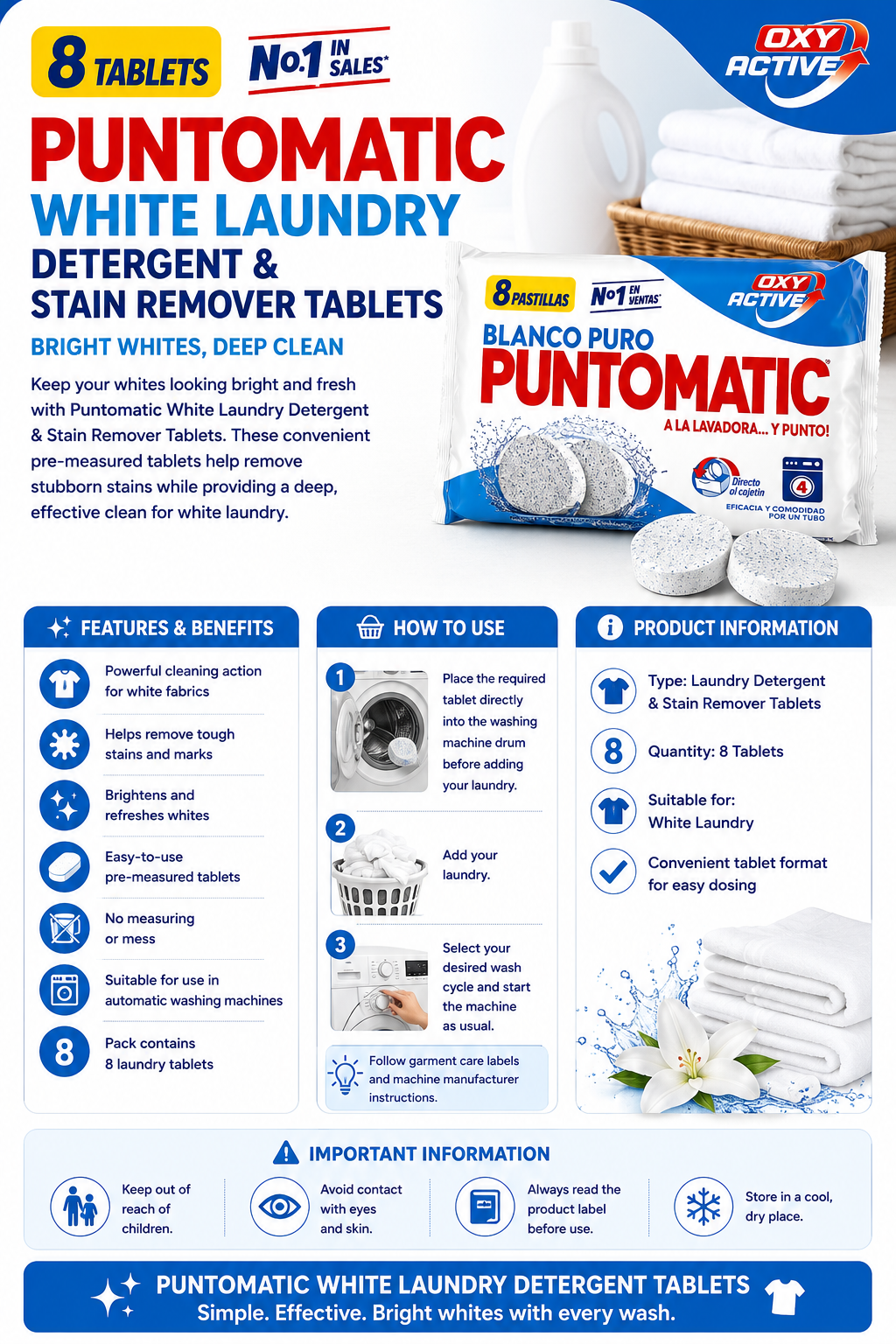 Puntomatic White Laundry Detergent & Stain Remover Tablets – 8 Wash Tablets