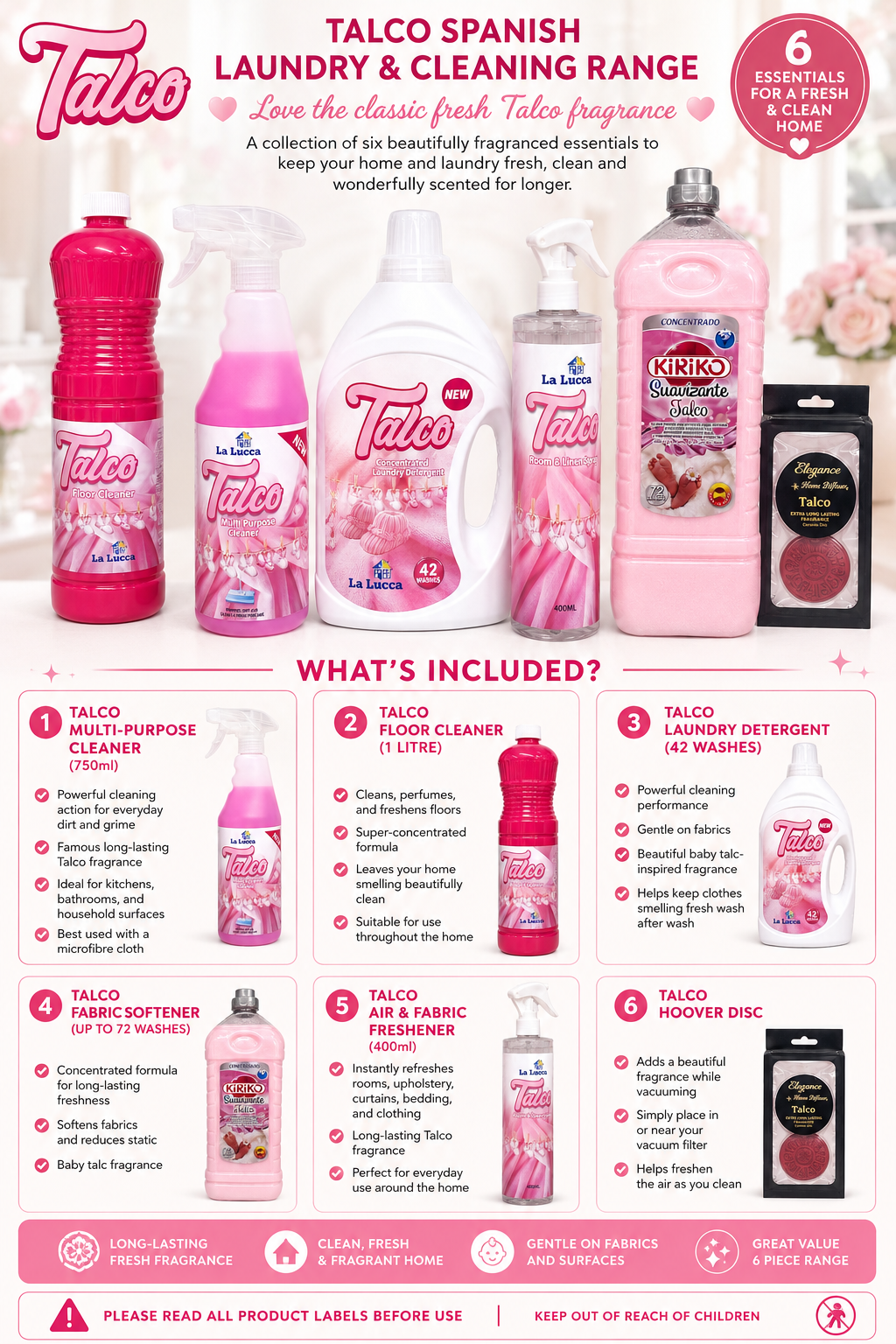 Talco Spanish Laundry & Cleaning Bundle - Multi Purpose Cleaner, Floor Cleaner, Detergent, Softener, Air Freshener & Hoover Disc - 6 Items