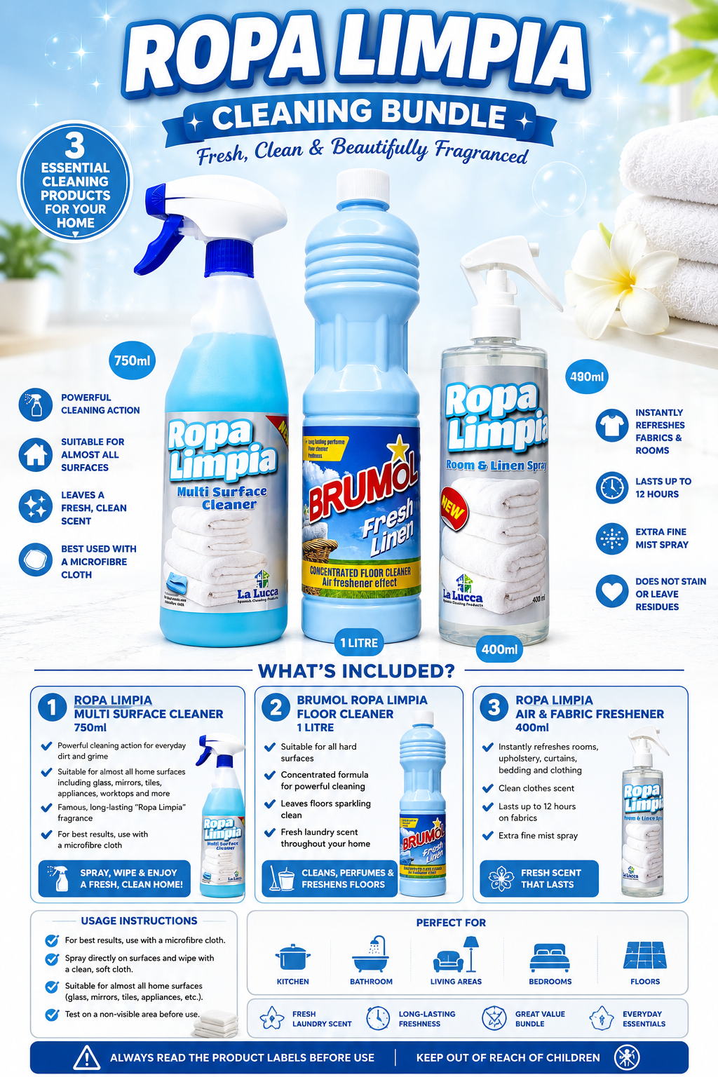 La Lucca & Brumol Spanish Ropa Limpia x 3 Items. Floor, Multi Surface, Air & Fabric Freshener Bundle