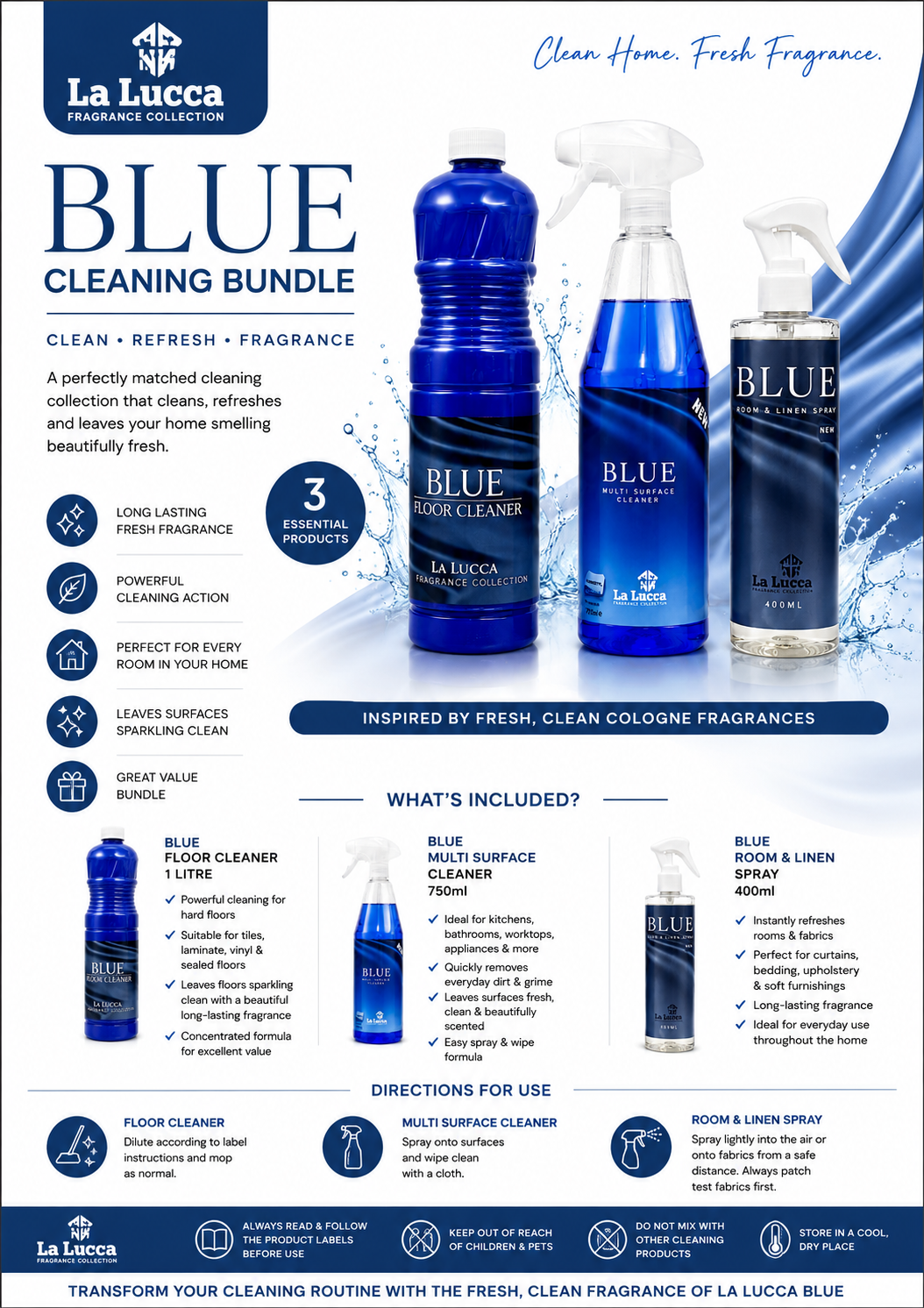 La Lucca Blue Home Fragrance & Cleaning Bundle x 3