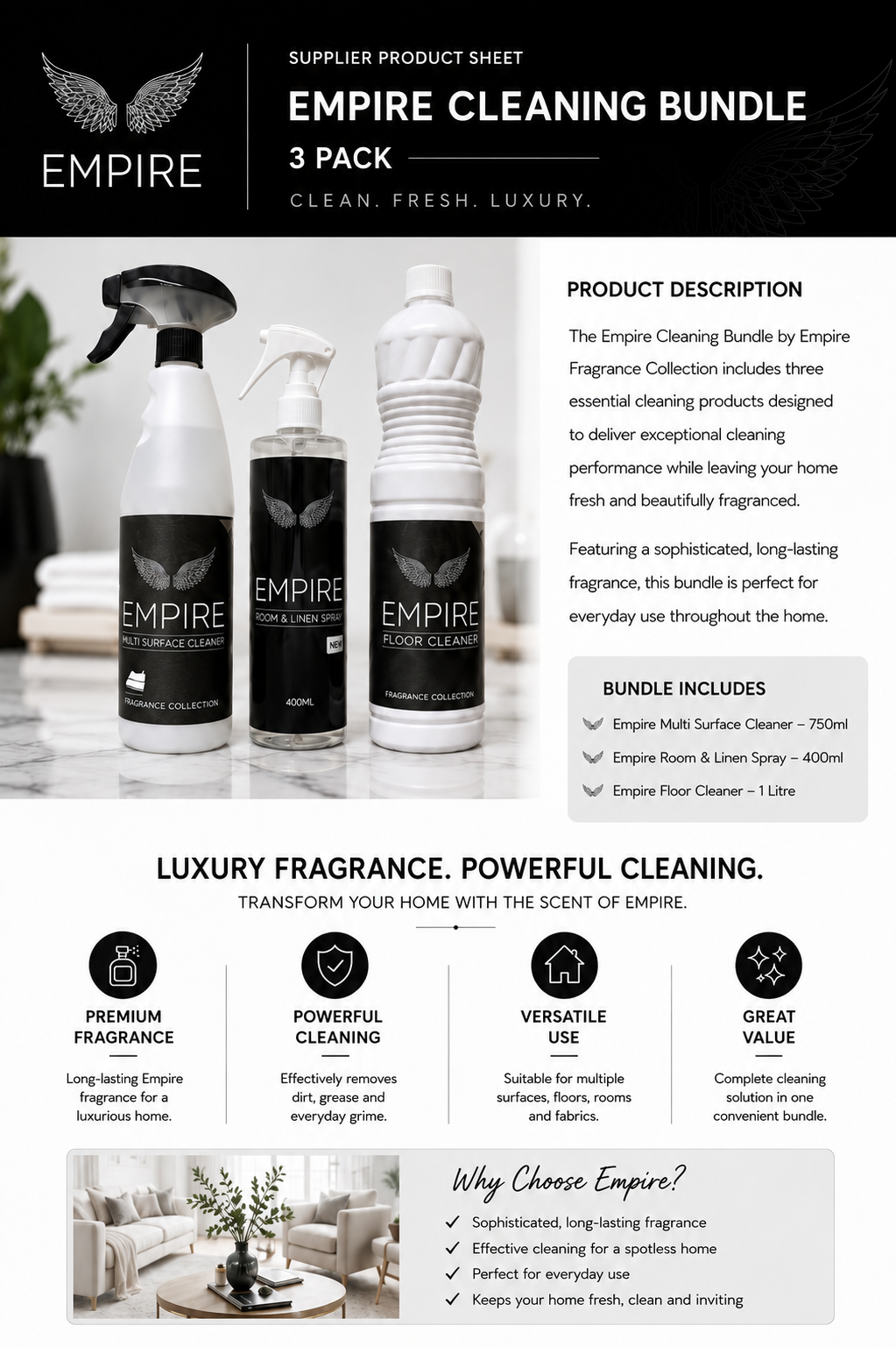 La Lucca Empire Cleaning Bundle x 3 – Floor Cleaner, Multi Surface Cleaner & Room & Linen Spray