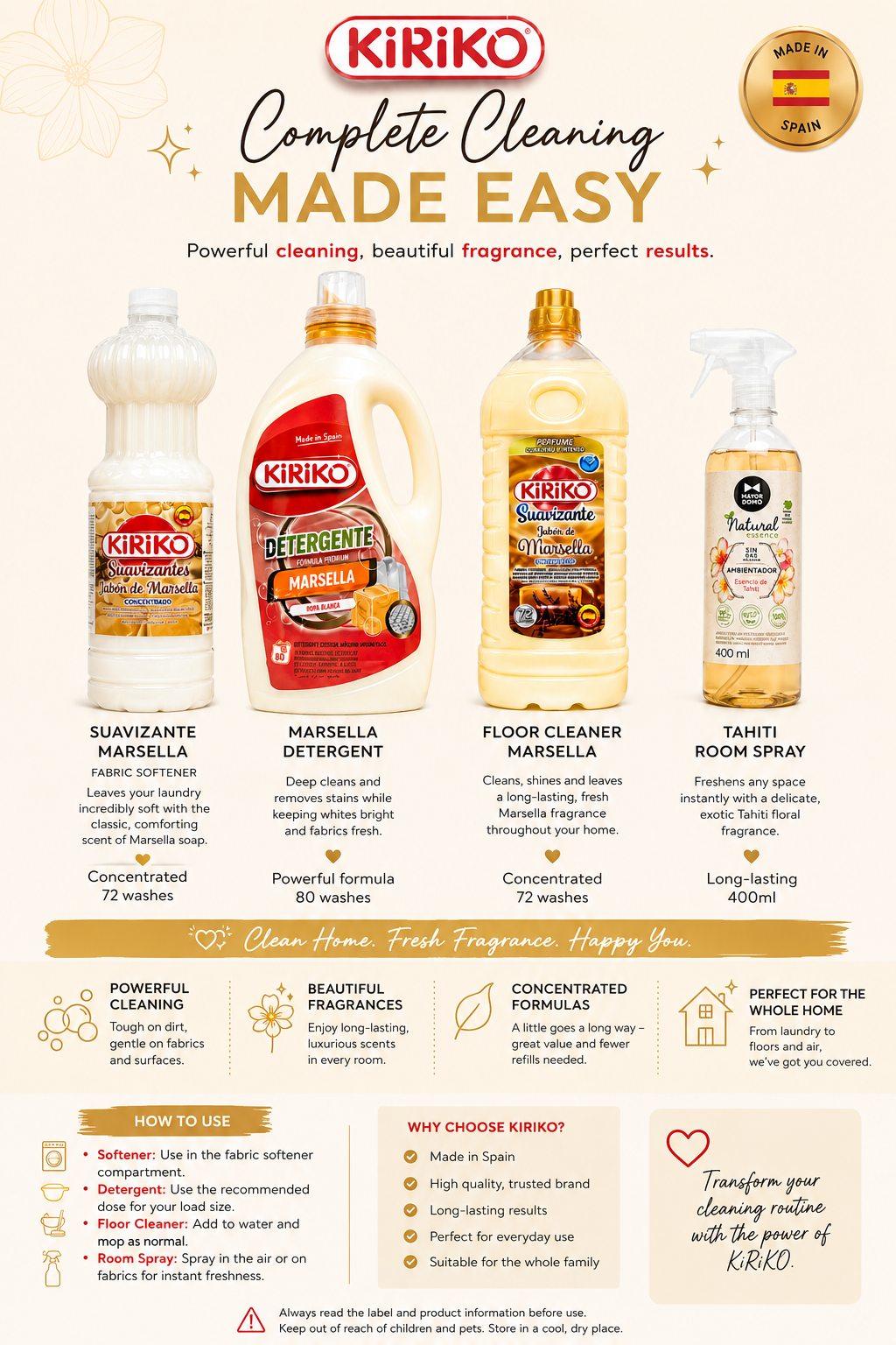 Kiriko Marsella Complete Home Bundle x 4 – Laundry Detergent, Softener, Floor Cleaner & Air Freshener
