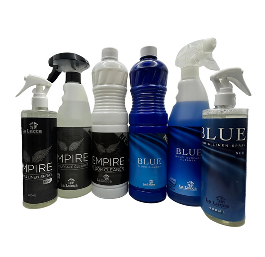 La Lucca Empire & Blue Cleaning & Fragrance Bundle - 6 Items - Multi Surface Cleaner 750ml, Floor Cleaner 1L, Room & Linen Spray 400ml - Concentrated Scent