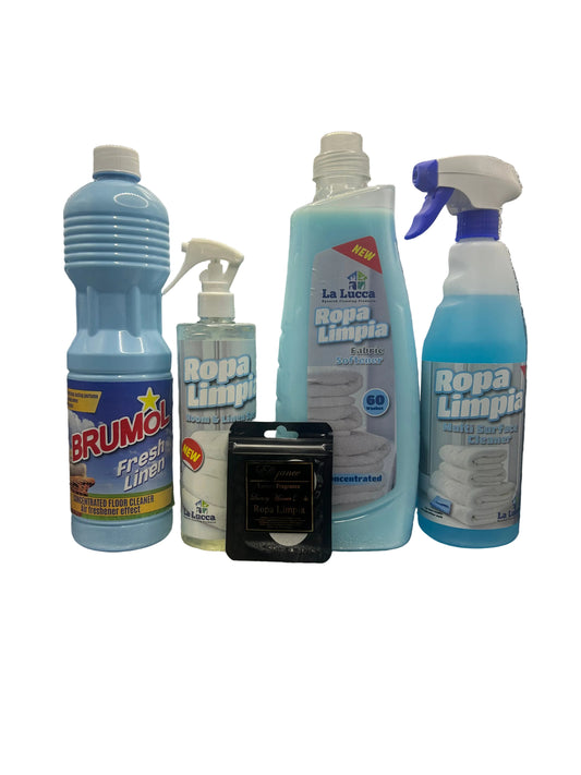 Ropa Limpia Spanish Cleaning Bundle x 5 Household- Air & Fabric Freshener, Multi Surface Cleaner, Floor Cleaner, Fabric Softener & Hoover Disc