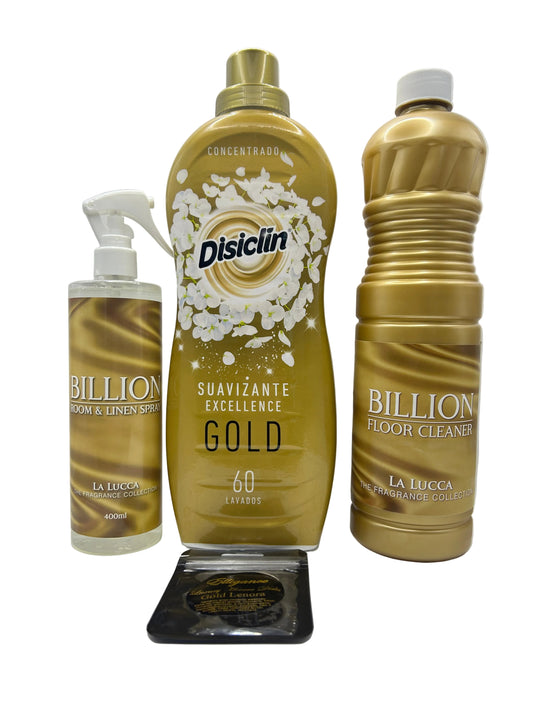 Disiclin Spanish Gold Fabric Softener, La Lucca Billion Air & Linen Freshener, Billion Floor Cleaner & Hoover Disc Bundle x 4 Items