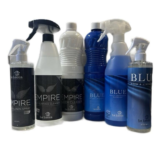 La Lucca Empire & Blue Cleaning & Fragrance Bundle - 6 Items - Multi Surface Cleaner 750ml, Floor Cleaner 1L, Room & Linen Spray 400ml - Concentrated Scent