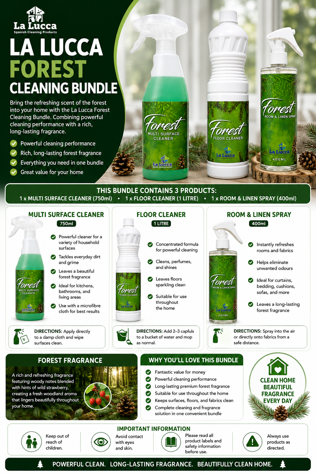 La Lucca Spanish Forest x 3 Items. Floor, Multi Surface, Air & Fabric Freshener Bundle