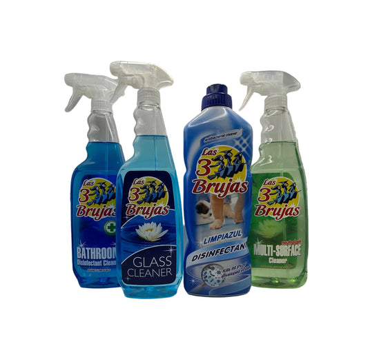 3 Witches Spanish Cleaning Bundle x 4 Items. Glass Cleaner, Multi Surface Cleaner, Bathroom Disinfectant & Limpiazul Disinfectant