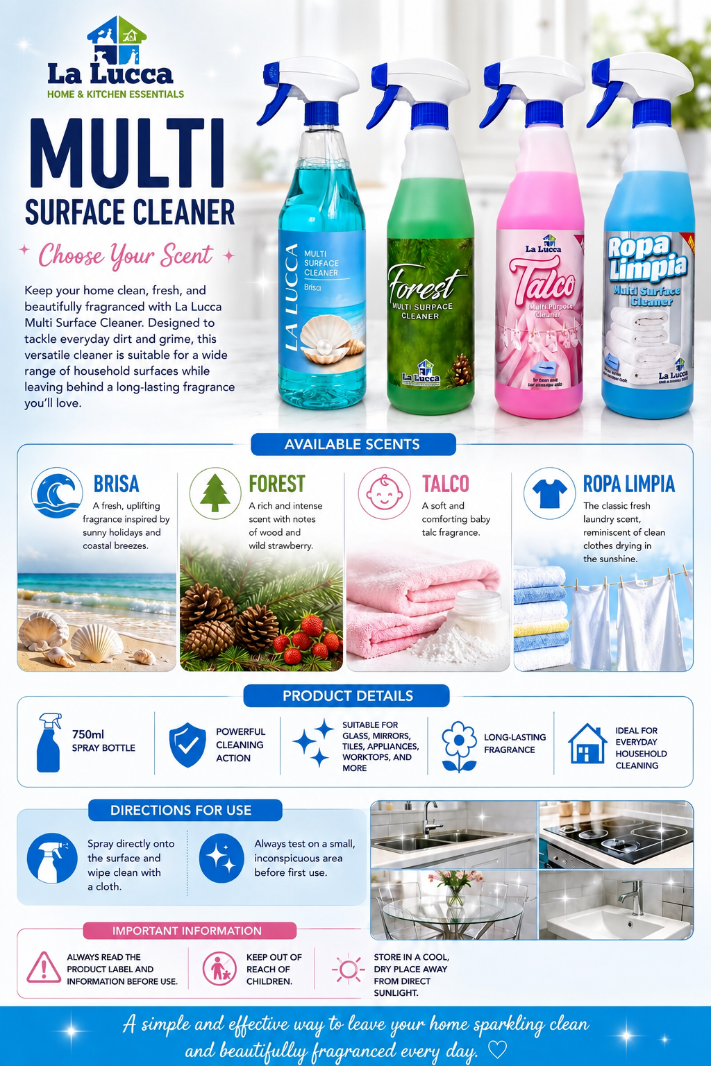 La Lucca Multi Surface Cleaner 1 x 750ml choose from Brisa, Ropa Limpia, Talco & Forest