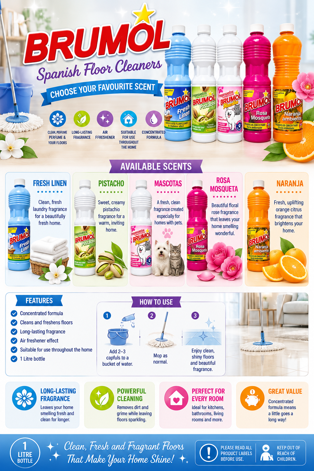 Brumol Spanish Floor Cleaner 1L – Fresh Linen, Zen, Rosa Mosqueta or Naranja – Concentrated Floor Cleaner & Air Freshener Effect