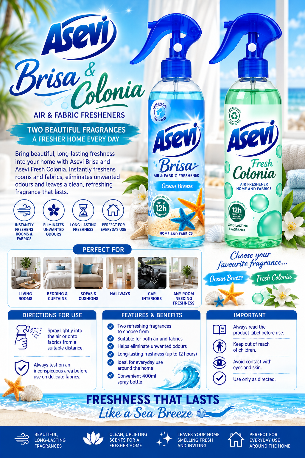 1 x Asevi Spanish Air & Fabric Freshener 400ml – Choose Brisa (Breeze) or Fresh Colonia ✨🏠