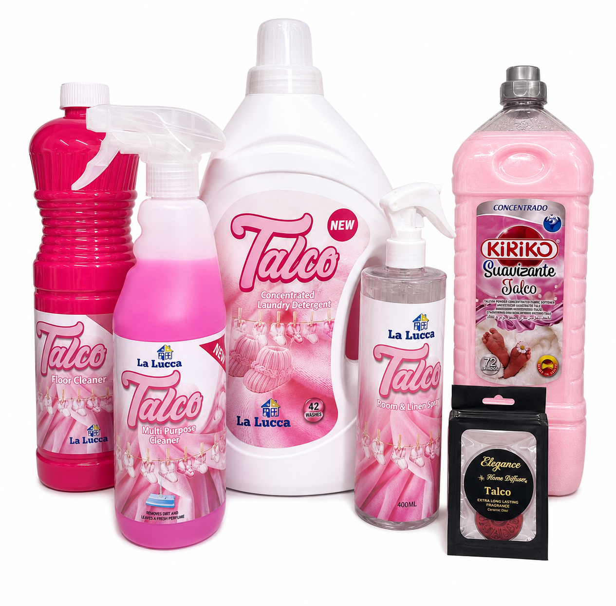Talco Spanish Laundry & Cleaning Bundle - Multi Purpose Cleaner, Floor Cleaner, Detergent, Softener, Air Freshener & Hoover Disc - 6 Items