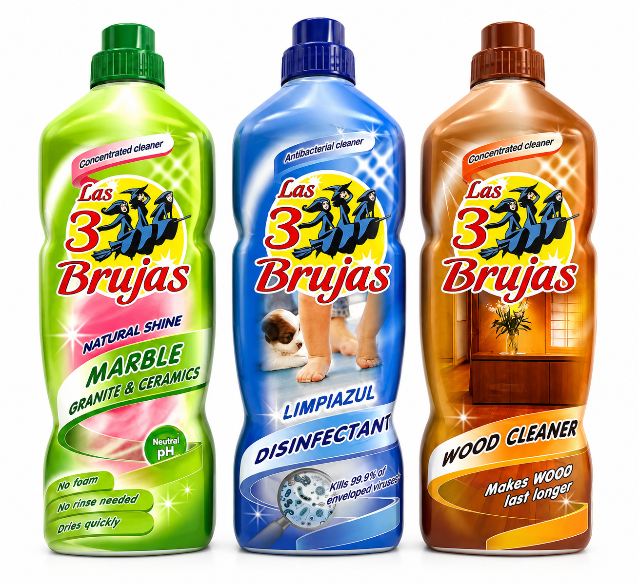 3 Witches Spanish 1 x 1 Litre Bottles. Choose from Marble, Limpiazul Disinfectant or Wood.