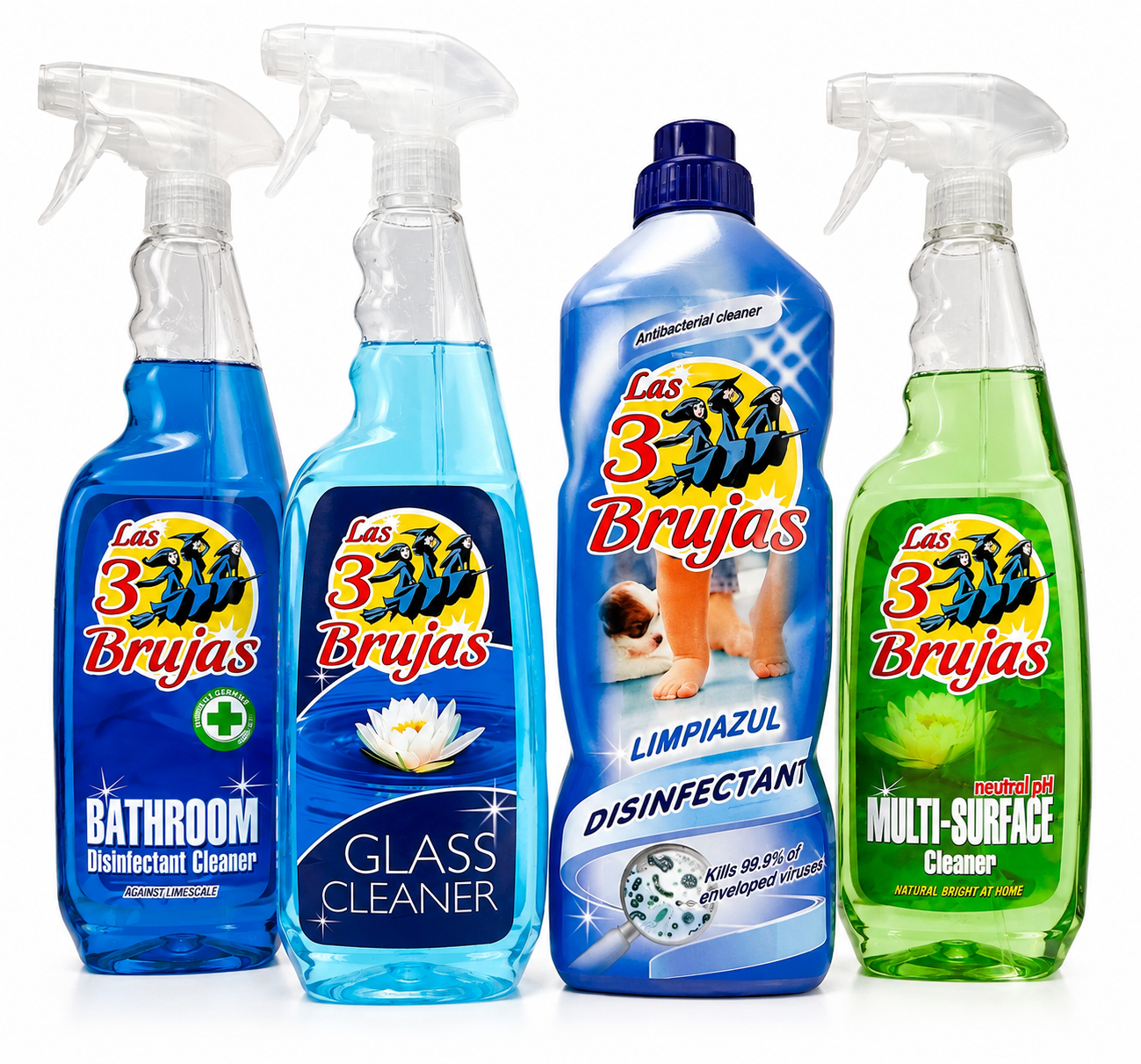 3 Witches Spanish Cleaning Bundle x 4 Items. Glass Cleaner, Multi Surface Cleaner, Bathroom Disinfectant & Limpiazul Disinfectant