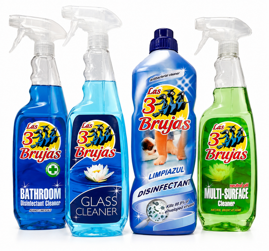 3 Witches Spanish Cleaning Bundle x 4 Items. Glass Cleaner, Multi Surface Cleaner, Bathroom Disinfectant & Limpiazul Disinfectant