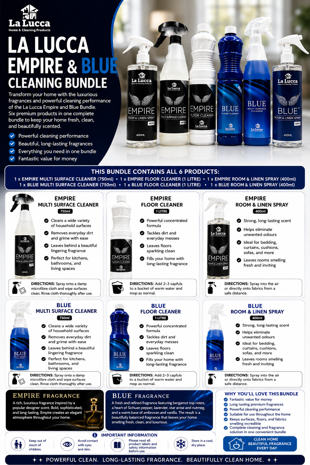La Lucca Cologne Empire & Blue Cleaning & Fragrance Bundle x 6 Items