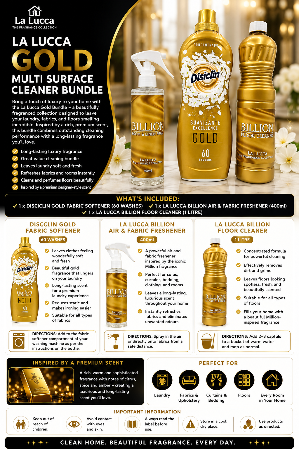 Disiclin Spanish Gold Fabric Softener, La Lucca Billion Air & Linen Freshener, Billion Floor Cleaner