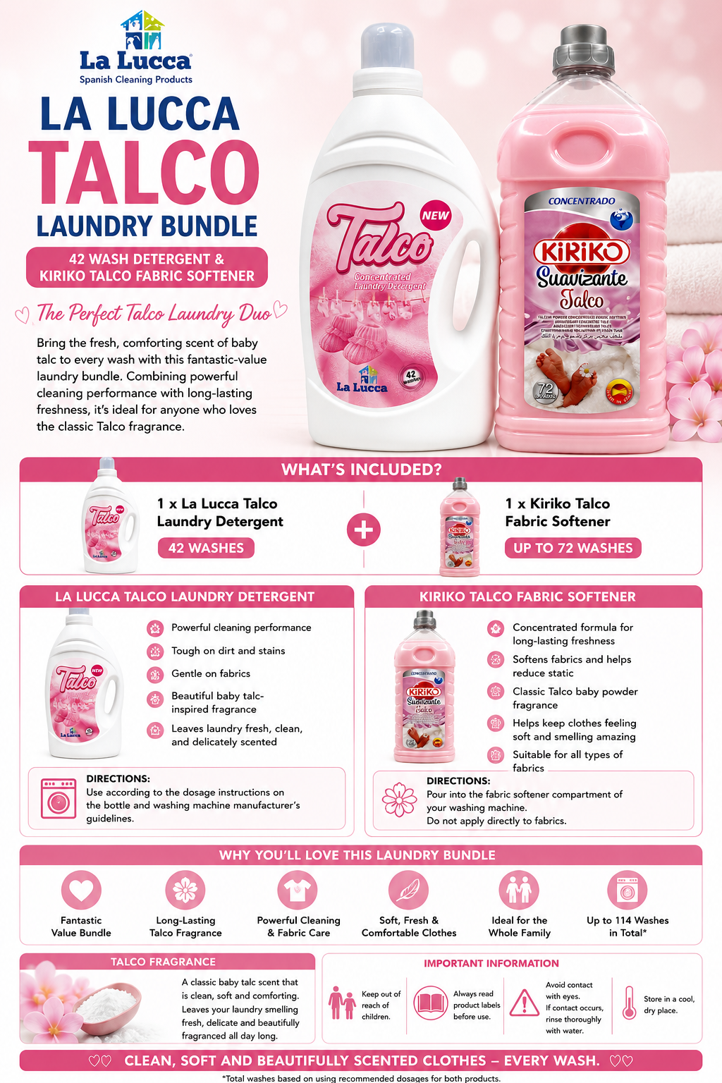 La Lucca Talco Laundry Bundle – 42 Wash Detergent & Kiriko Talco Fabric Softener 72 Washes – Spanish Laundry Fragrance