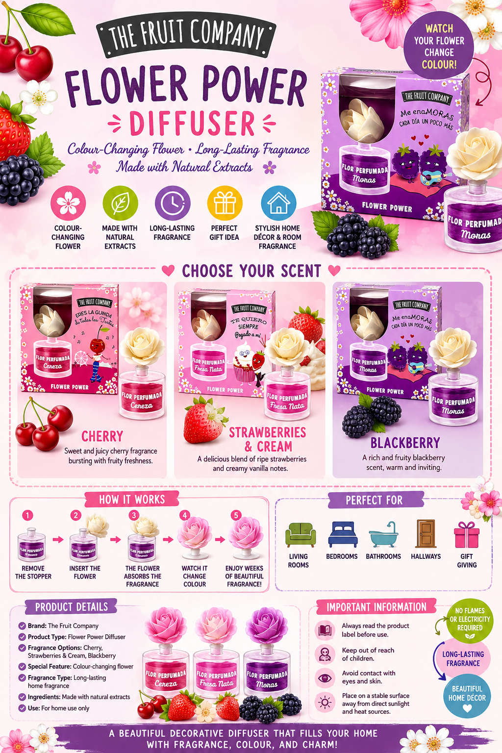 The Fruit Company Flower Reed Diffuser – Cherry, Strawberries & Cream or Blackberry – Natural Extracts – Long Lasting Home Fragrance