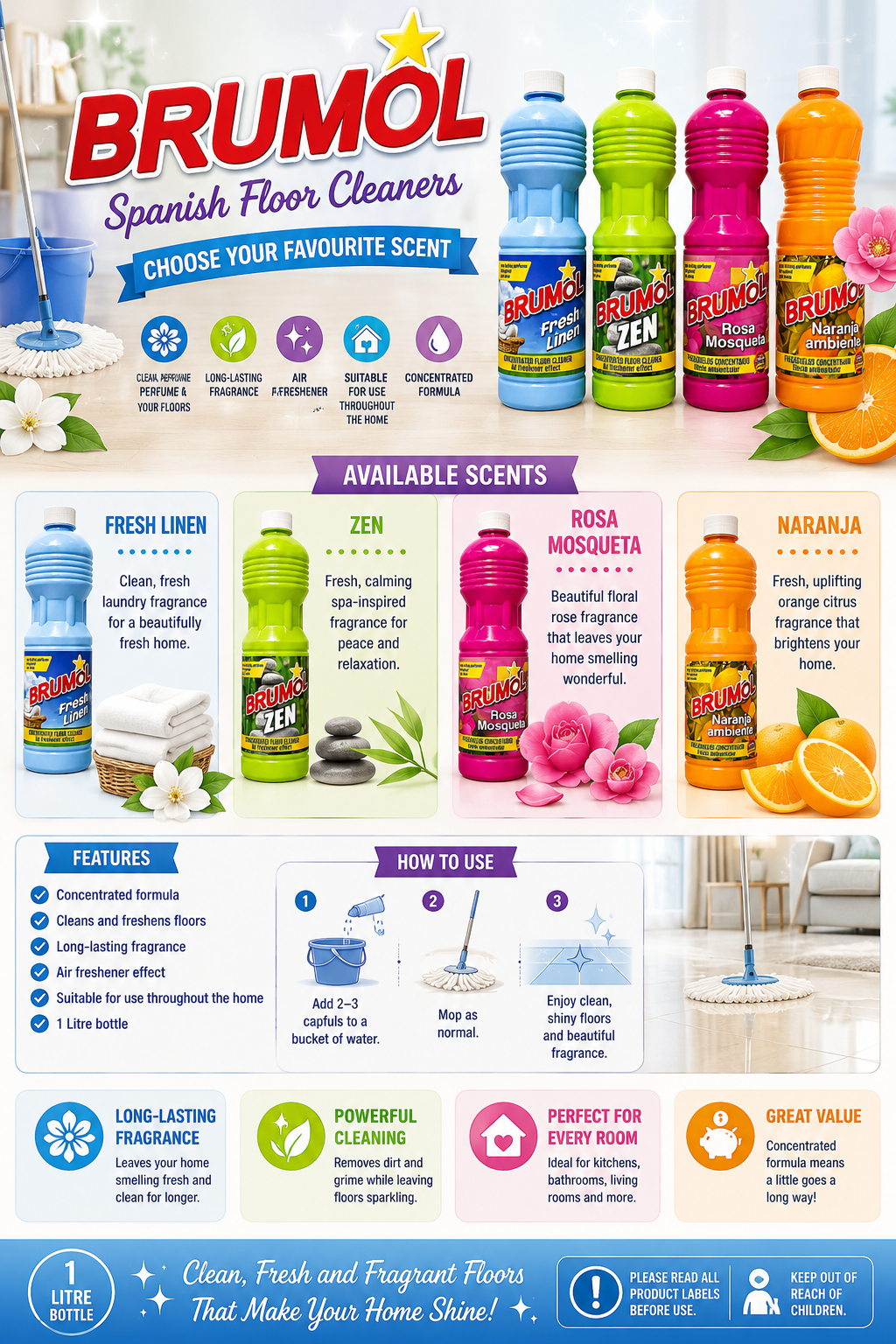Brumol Spanish Floor Cleaner 1L – Fresh Linen, Zen, Rosa Mosqueta or Naranja – Concentrated Floor Cleaner & Air Freshener Effect