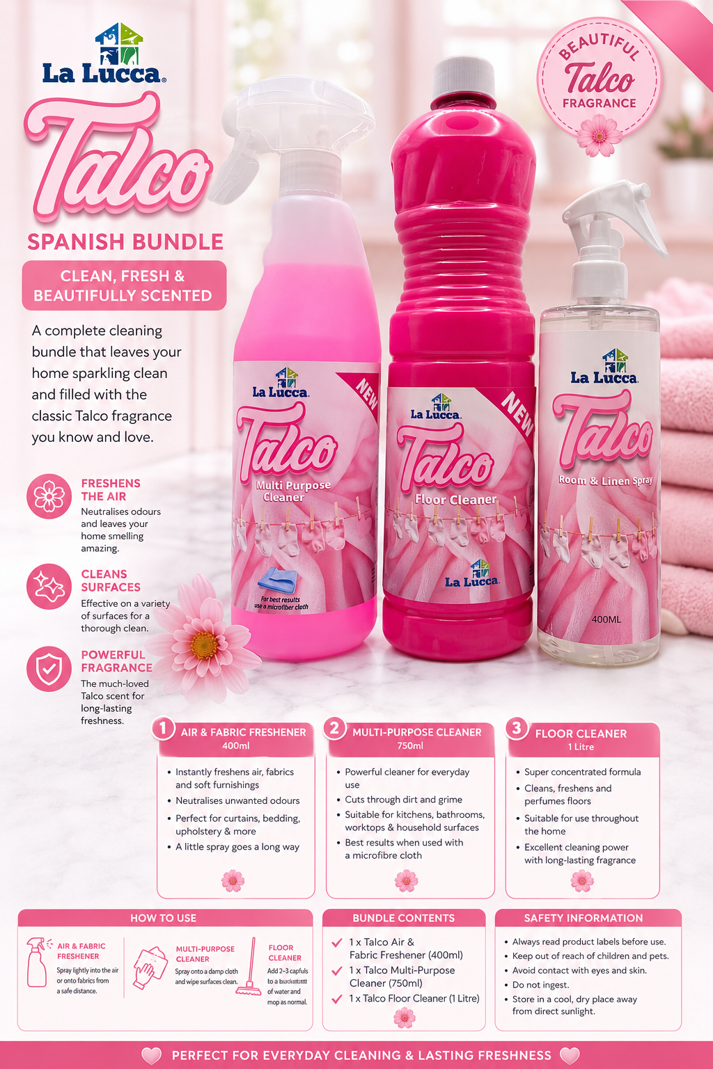 La Lucca Spanish Talco x 3 Items. Floor, Multi Surface, Air & Fabric Freshener Bundle