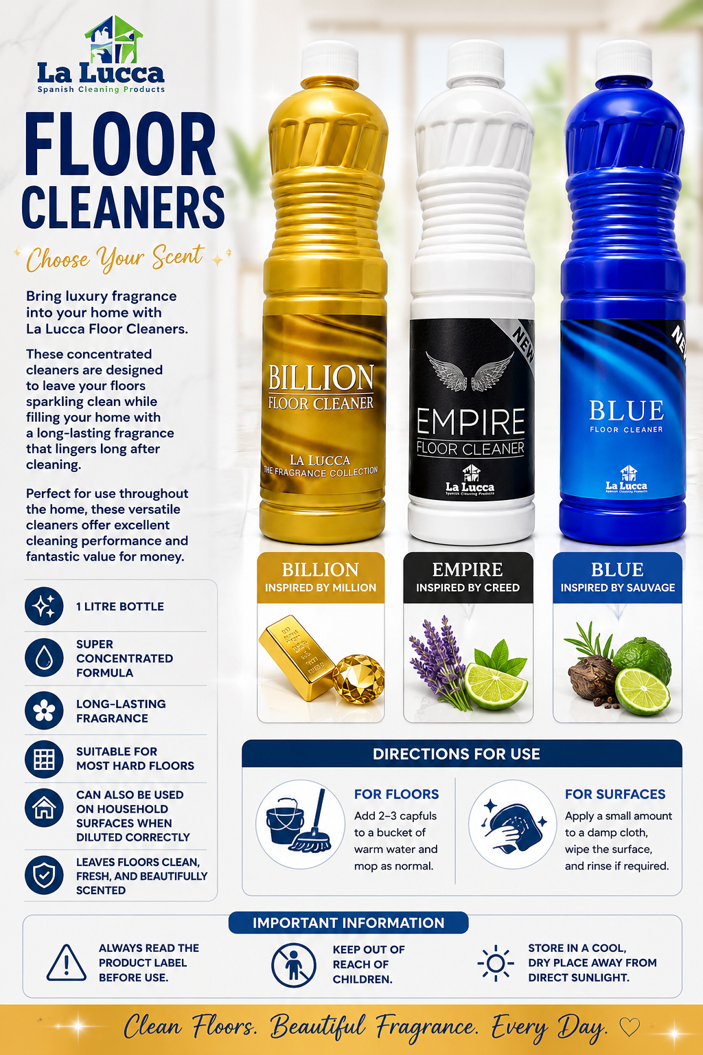 La Lucca Spanish Floor Cleaner 1 Litre – Choose from Billion, Empire or Blue – Long Lasting Fragrance
