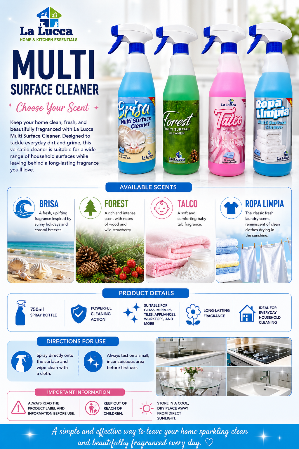 La Lucca Multi Surface Cleaner 1 x 750ml choose from Brisa, Ropa Limpia, Talco & Forest