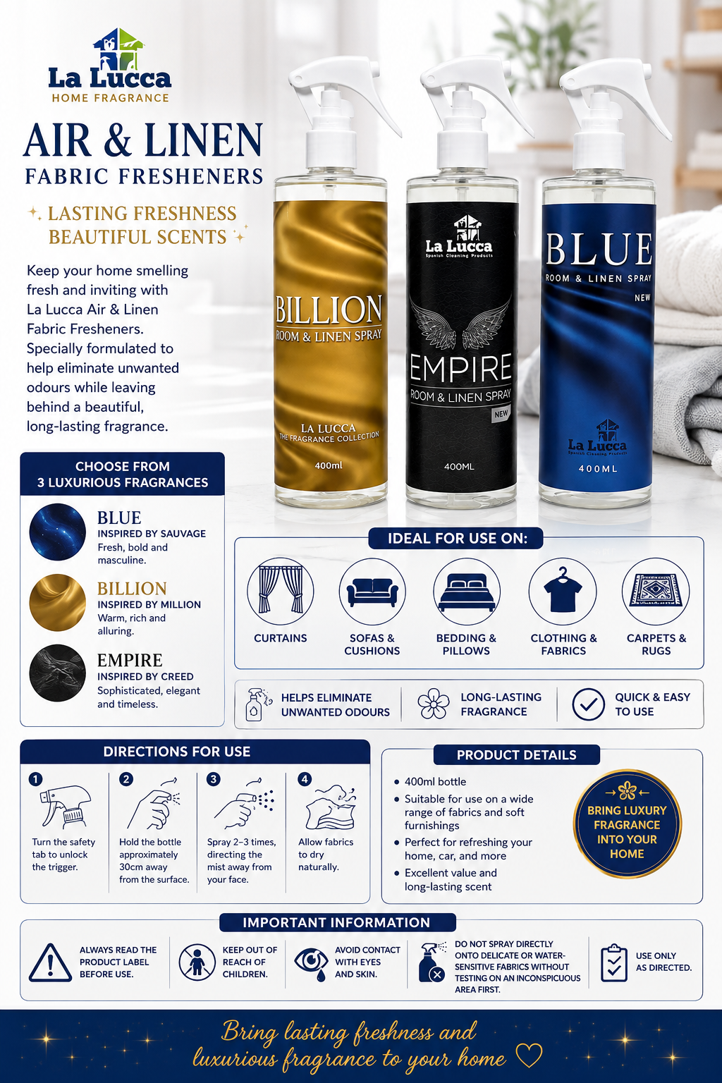 La Lucca Spanish Air & Linen Fabric Fresheners 1 x 400ml - Choose from Empire, Blue Forest or Billion