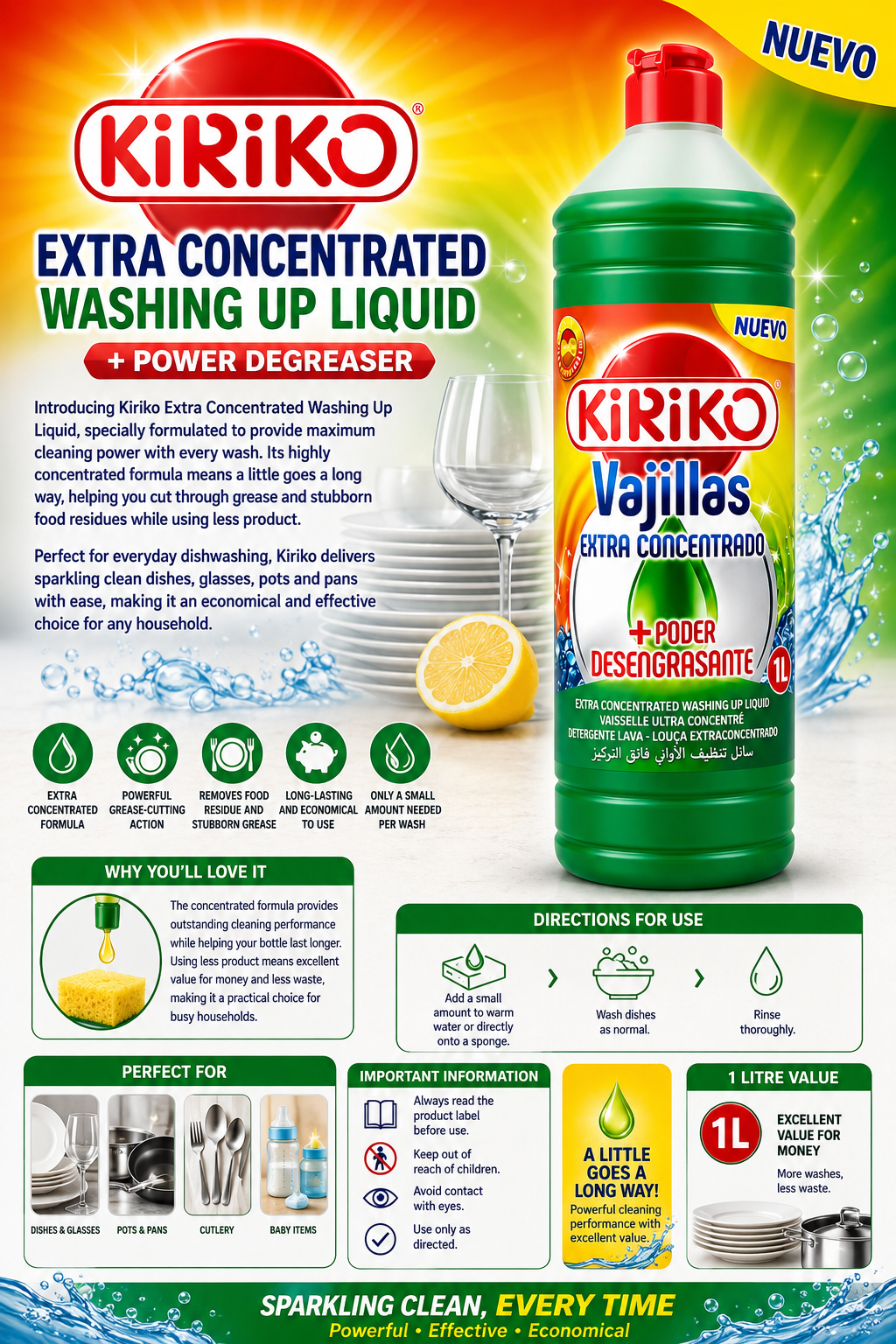 Kiriko Spanish Extra Concentrated Washing Up Liquid - 1 litre