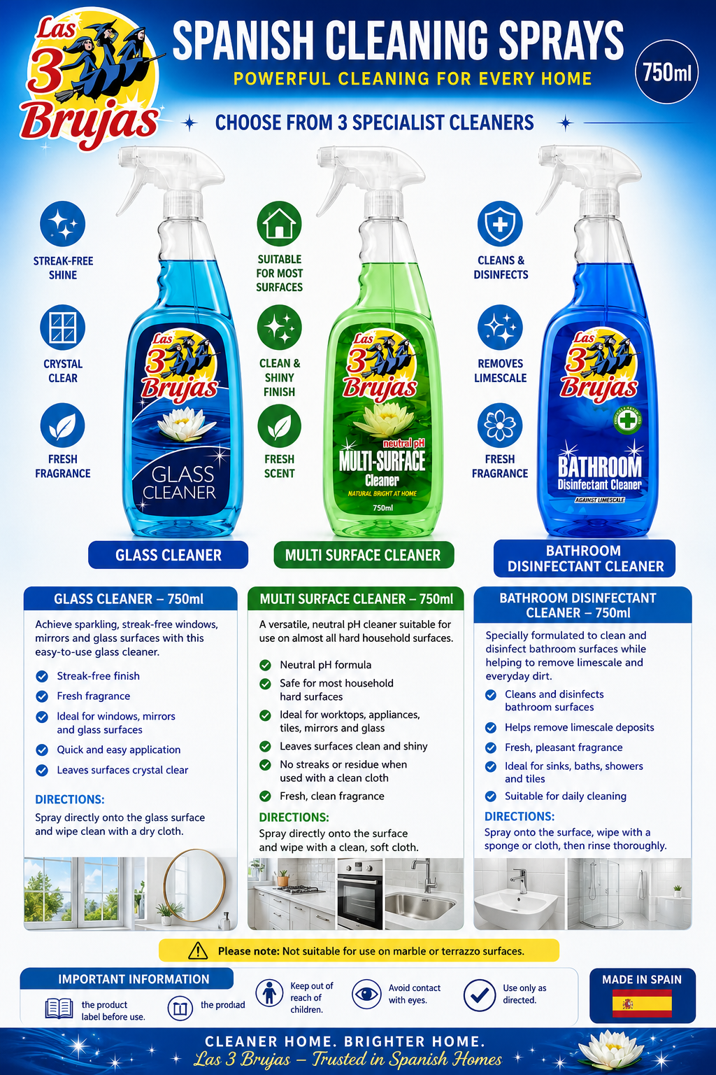 3 Witches Spanish Cleaning Spray 750ml – Choose Glass Cleaner, Bathroom Cleaner or Multi Surface Cleaner