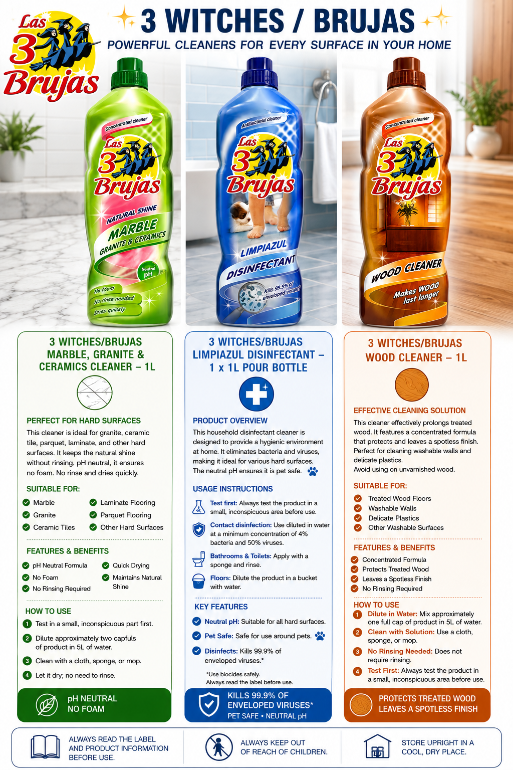 3 Witches Spanish 1 x 1 Litre Bottles. Choose from Marble, Limpiazul Disinfectant or Wood.