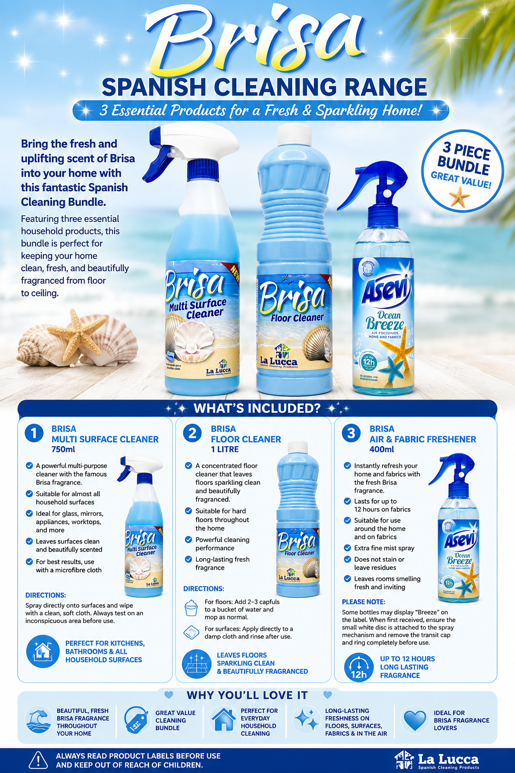 La Lucca & Asevi Spanish Brisa x 3 Items. Floor, Multi Surface, Air & Fabric Freshener Bundle