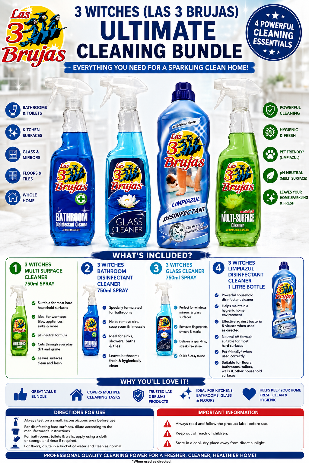 3 Witches Spanish Cleaning Bundle x 4 Items. Glass Cleaner, Multi Surface Cleaner, Bathroom Disinfectant & Limpiazul Disinfectant