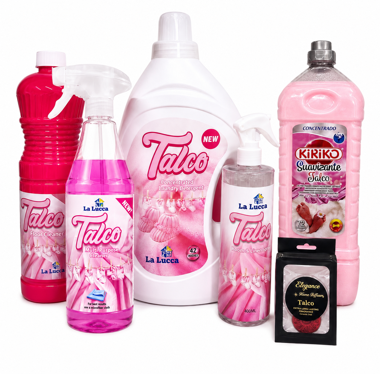 Talco Spanish Laundry & Cleaning Bundle - Multi Purpose Cleaner, Floor Cleaner, Detergent, Softener, Air Freshener & Hoover Disc - 6 Items