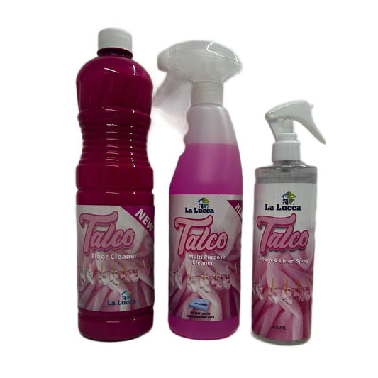 La Lucca Talco Spanish Bundle - Air & Fabric Freshener 400ml, Multi-Purpose Cleaner 750ml, Floor Cleaner 1L, Talco Fragrance,